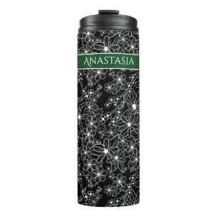 Handgezeichnetes Schwarz-weißes Muster und grüner  Thermosbecher