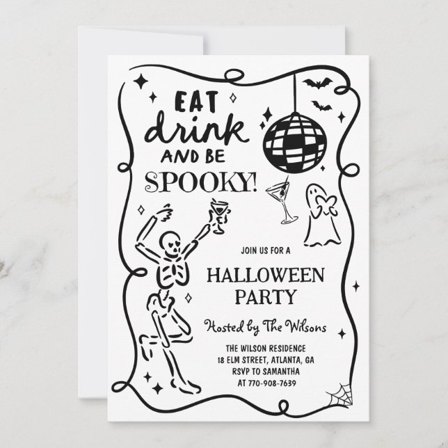Handgezeichnetes Skeleton Spooky Halloween Einladung (Vorderseite)