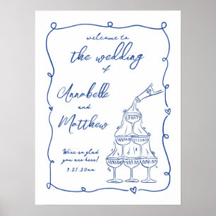 Handgezeichnetes skurriles blaues Hochzeit-Willkom Poster