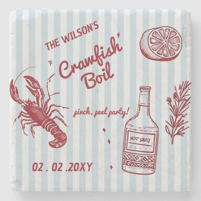 Handgezeichnetes Summer Seafood Crawfish Party Steinuntersetzer (Vorderseite)