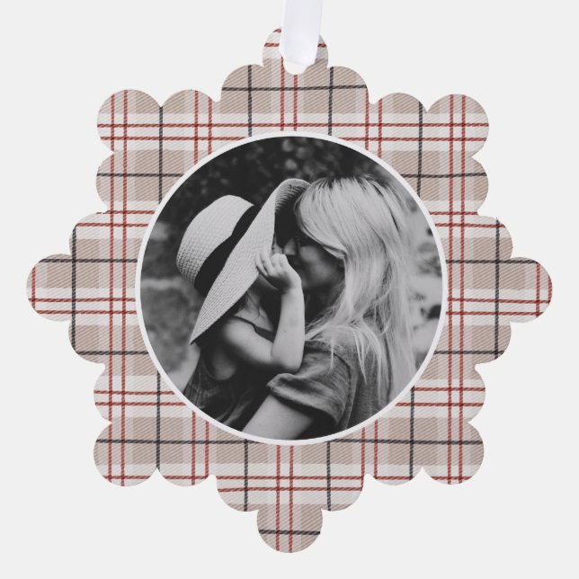 Handgezeichnetes Tartan Beige Kariertes Foto Ornament Karte (Vorderseite)