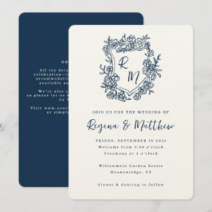 Handgezeichnetes Wappen Blue Monogram All-in-one H Einladung