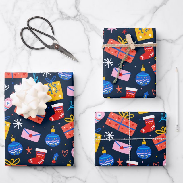 Handgezeichnetes Weihnachtsmuster, Mitternacht Geschenkpapier Set (Vorderseite)