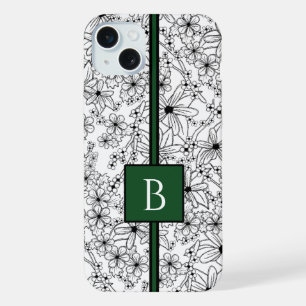 Handgezeichnetes weißes Blumenmuster und grünes Mo iPhone 15 Plus Hülle