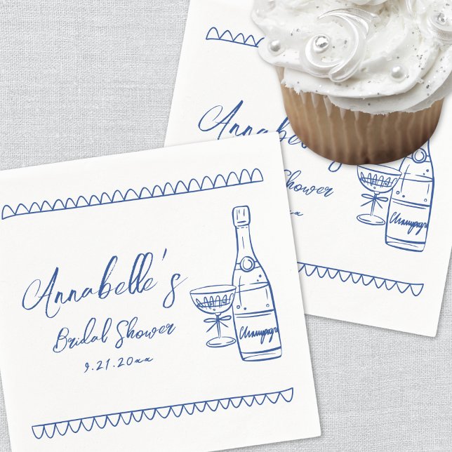 Handgezeichnetes weißes Brautparty Serviette (Hand Drawn Whimsical Blue Bridal Shower Napkins)