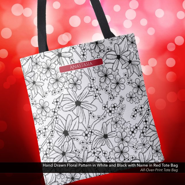 Handgezeichnetes, weißes schwarzes Muster und rote Tasche (Tote Bag: Hand Drawn Floral Pattern in Black White, Personalized with Name in Red)