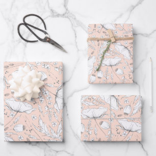 Handgezeichnetes Wildblumen-Bleistiftskizzenmuster Geschenkpapier Set