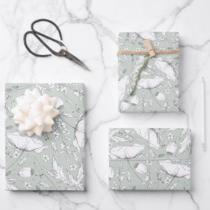 Handgezeichnetes Wildblumen-Bleistiftskizzenmuster Geschenkpapier Set