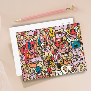 Handgezeichnetes Wurf-Muster mit Cartoon-Figuren Postkarte