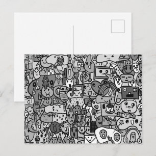 Handgezeichnetes Wurfpattern mit Cartoonfiguren Postkarte