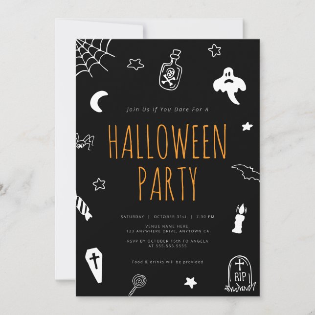 Handgezogene Doodles Niedliches Halloween-Party Einladung (Vorderseite)