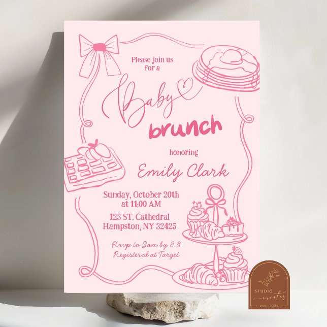 Handgezogene Doodles Pink Baby Brunch Einladung (Von Creator hochgeladen)