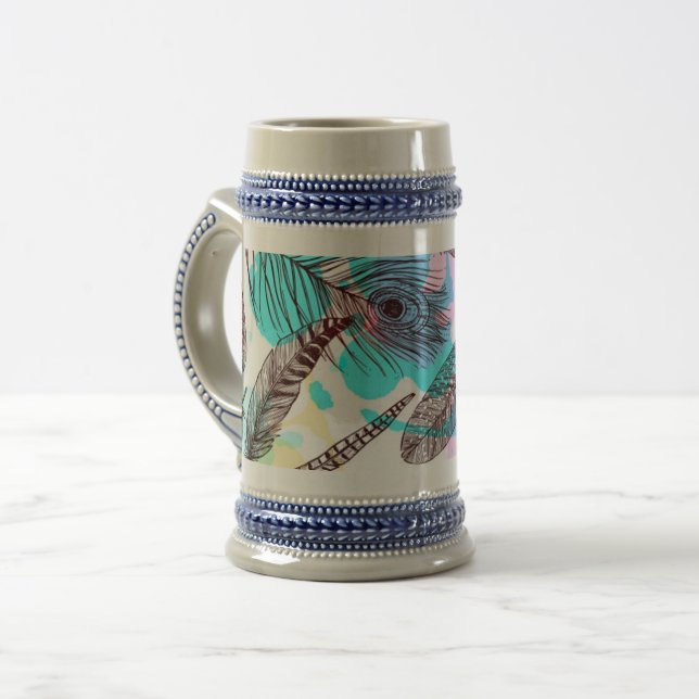 Handgezogene Federn nahtlos Muster Bierglas (Vorderseite Links)