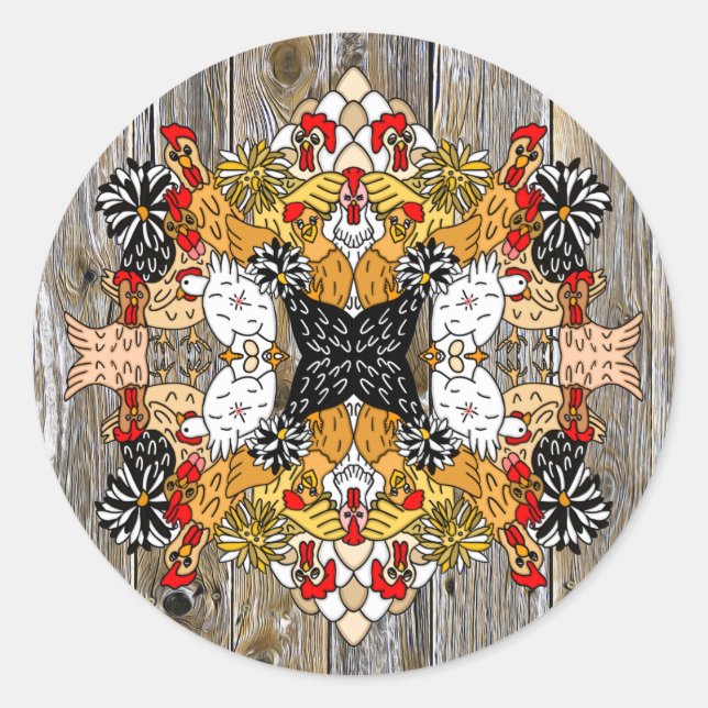 Handgezogene Funny Cartoon Hühner Runder Aufkleber (Vorderseite)