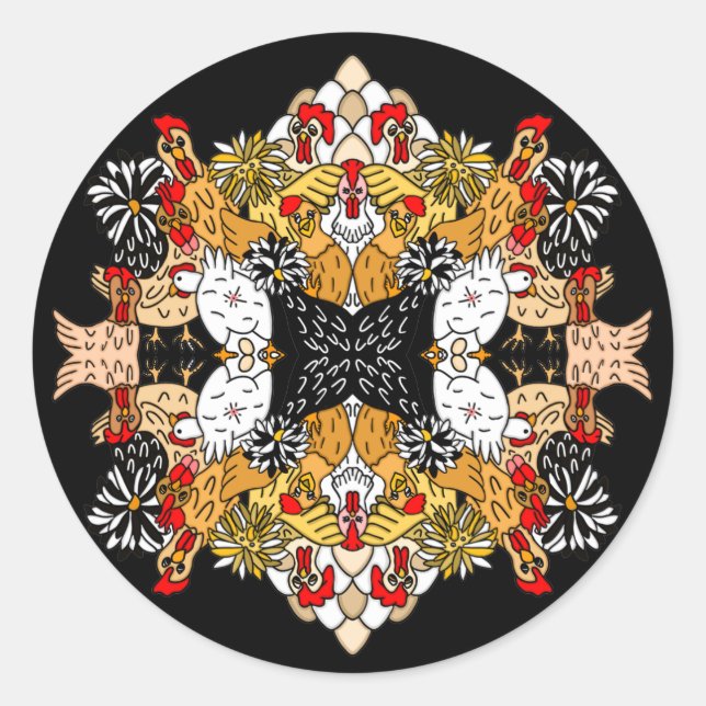 Handgezogene Funny Cartoon Hühner Runder Aufkleber (Vorderseite)