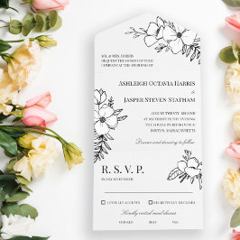 Handgezogene Holzkohle und weiße Blume Hochzeit All In One Einladung