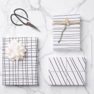 Handgezogene Pinstripes Gitter Wonky Schwarz & Wei Geschenkpapier Set