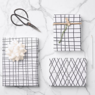 Handgezogene Pinstripes Gitter Wonky Schwarz & Wei Geschenkpapier Set