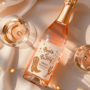 Handgezogene Stiefel und Bubbly-Brautparty Weinetikett