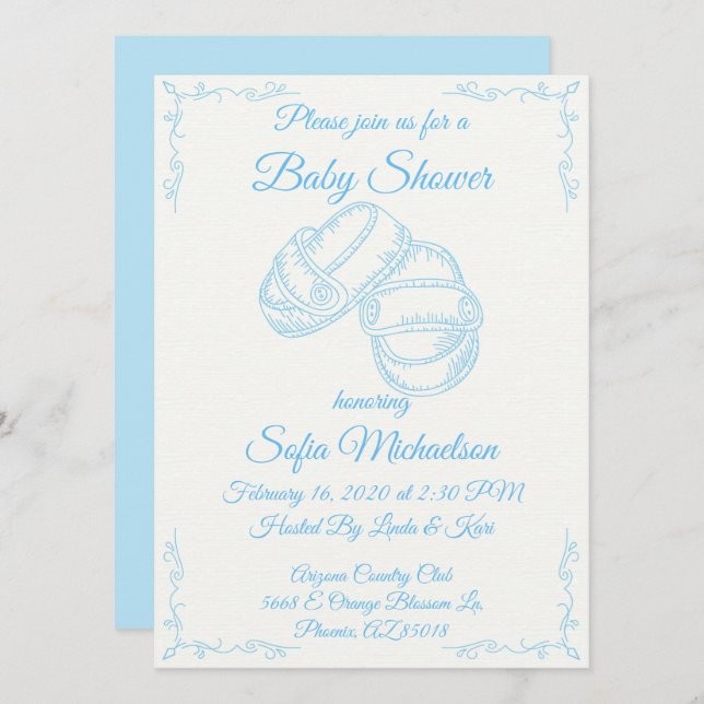 Handgezogener Babyboy Babydusche Einladung (Vorne/Hinten)