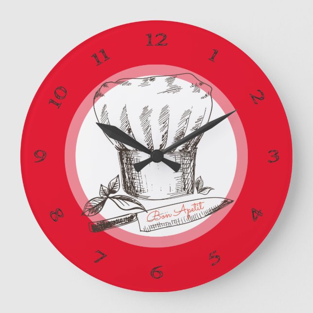 Handgezogener Doodle-Koch mit Küchenuhr Große Wanduhr (Vorderseite)