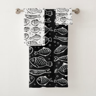 Handgezogener Fisch und Blasen Schwarz-Weiß-ID489 Badhandtuch Set
