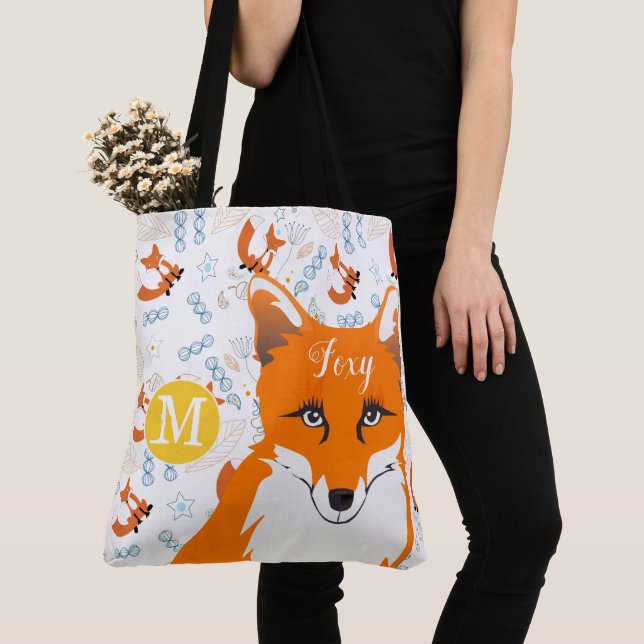 Handgezogener Fox Herz Gelbblau Korallenorange Tasche (Von Nahem)