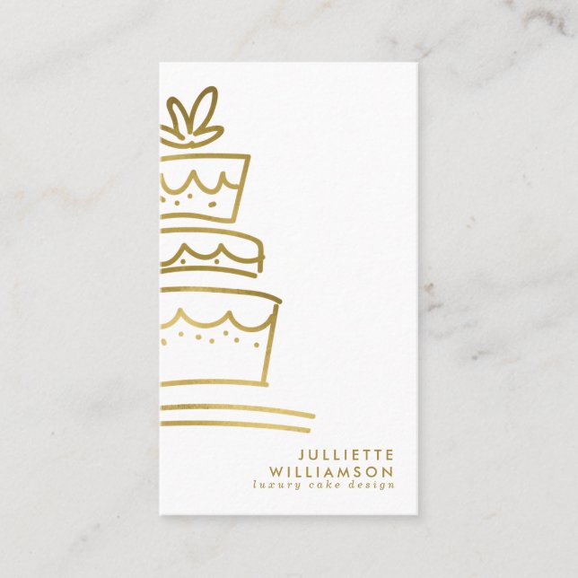 handgezogener Hochzeitskuchen Gold & Weiß Visitenkarte (Vorderseite)