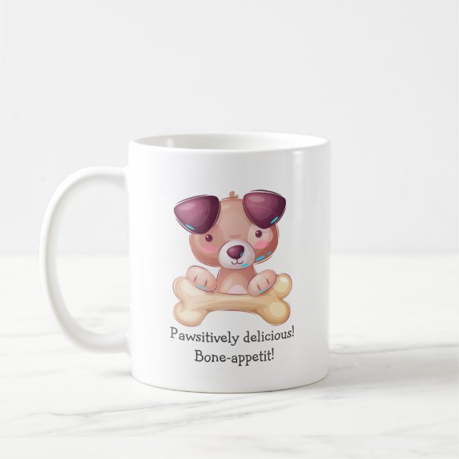 Handgezogener, Niedlicher Welpenhund mit Knochen Kaffeetasse (Links)