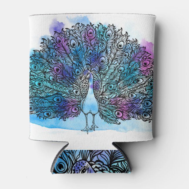 Handgezogener Pfau: Clip-Art Dosenkühler (Vorderseite)