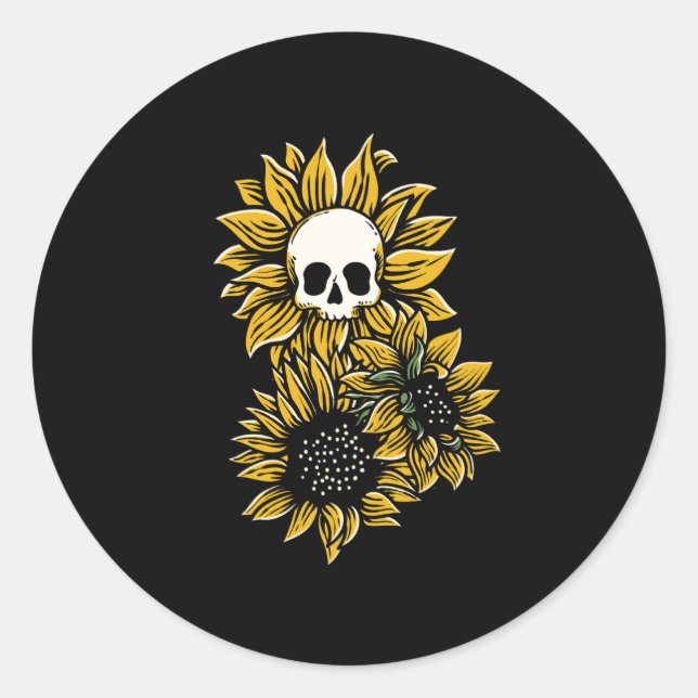 Handgezogener Schädel mit Sonnenblumenillustrierun Runder Aufkleber (Vorderseite)