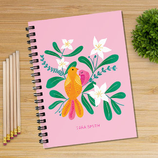 Handgezogener Vogel und BlumenNotebook Notizblock