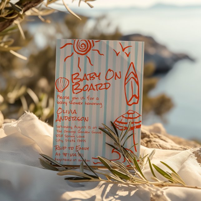 Handgezogenes Baby an Bord Surf Sommerdusche Einladung (Von Creator hochgeladen)