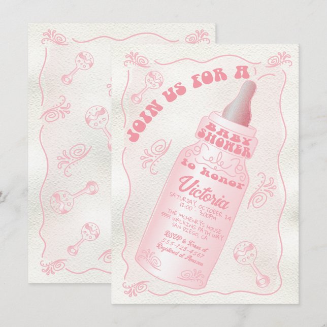 Handgezogenes Baby Flasche Babydusche Einladung (Vorne/Hinten)