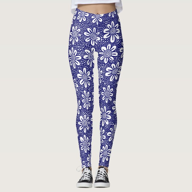 Handgezogenes Blume Muster 140617 - Tiefe Marine Leggings (Vorderseite)