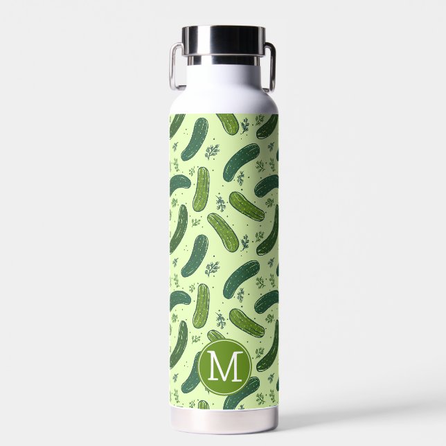 Handgezogenes Dill-Pickle-Muster und Monogramm Trinkflasche (Vorne)