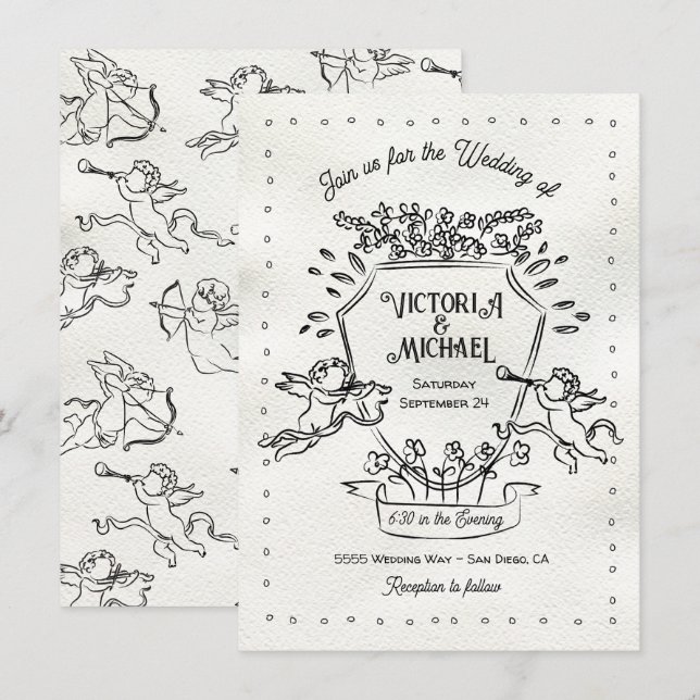 Handgezogenes Doodle Cherub Cupid Wappen Hochzeit Einladung (Vorne/Hinten)