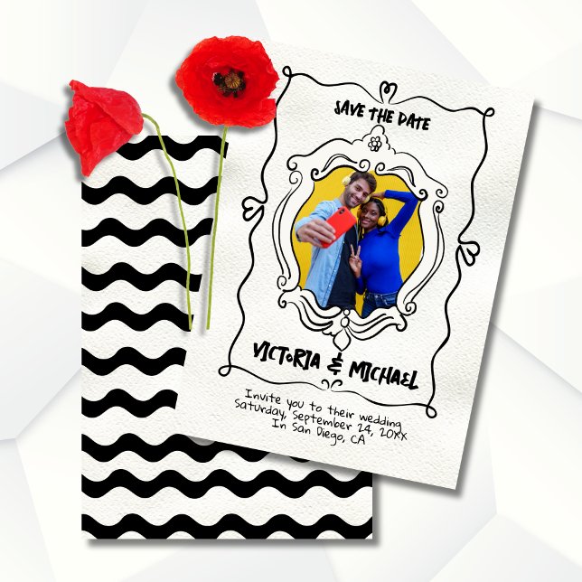 Handgezogenes doodles Foto Save the Date Einladung (Von Creator hochgeladen)