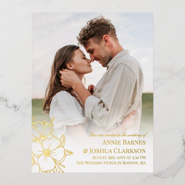 Handgezogenes Gold Foil Lineart Blume Foto Hochzei Folie Einladungspostkarte (Vorderseite)