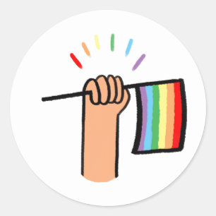 Handgezogenes Hand Waving a Rainbow Flag Runder Aufkleber