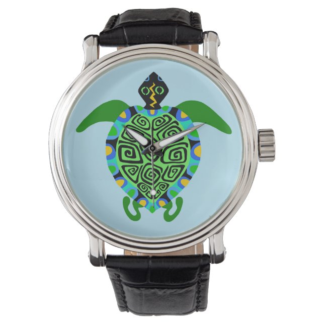 Handgezogenes Meer TURTLE - Wildtiere - Aqua - Armbanduhr (Vorderseite)
