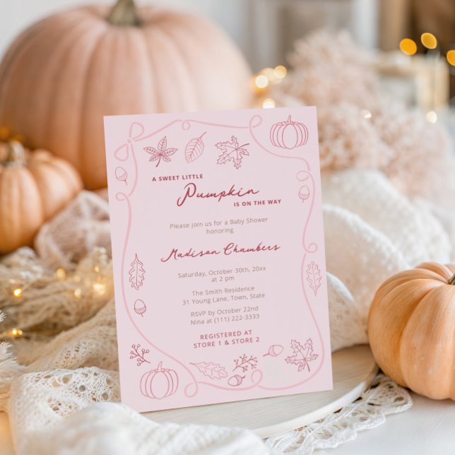 Handgezogenes Pink Kleine Pumpkin Baby Girl Dusche Einladung (Blush pink and cherry Sweet Little Pumpkin baby shower invites to welcome a little girl)