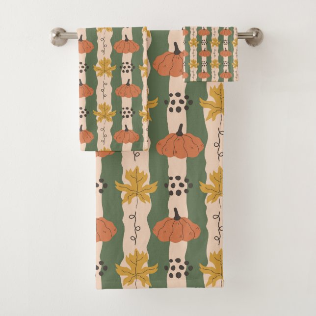Handgezogenes Pumpkin & Leaf Pattern Badetuch Set (Insitu)