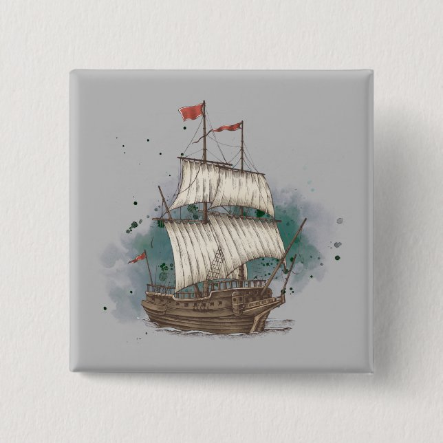 Handgezogenes Schiff mit Bow-Welle auf Splash-Hint Button (Vorderseite)