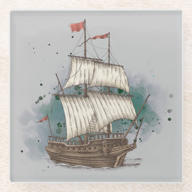 Handgezogenes Schiff mit Bow-Welle auf Splash-Hint Glasuntersetzer (Vorderseite)