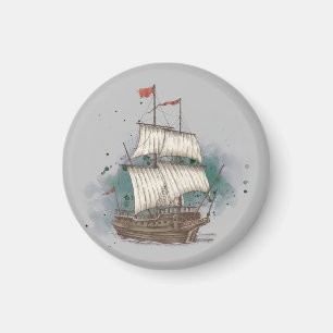 Handgezogenes Schiff mit Bow-Welle auf Splash-Hint Magnet