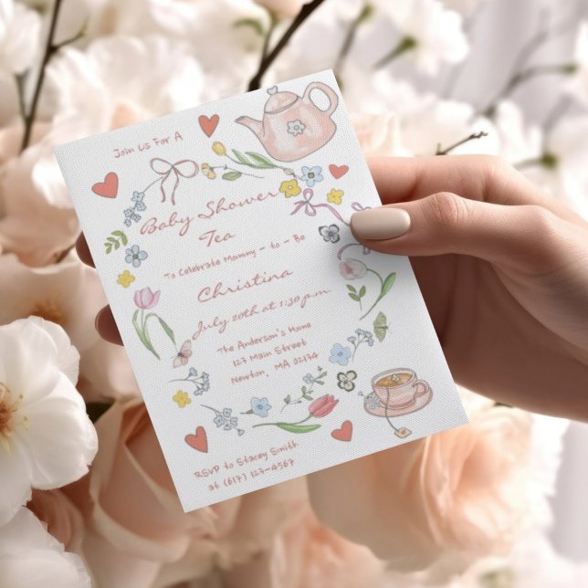 Handgezogenes Whimsical Baby Dusche Tee Party lade Postkarte (Von Creator hochgeladen)