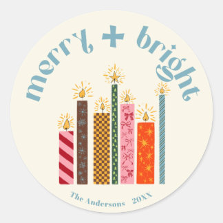 Handillustrierte Merry + Bright Weihnachtssticker Runder Aufkleber