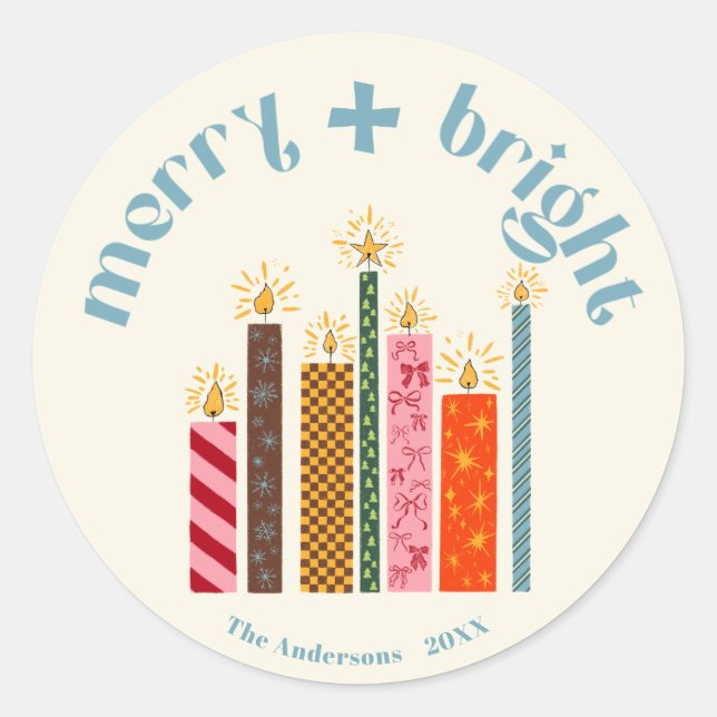 Handillustrierte Merry + Bright Weihnachtssticker Runder Aufkleber (Vorderseite)