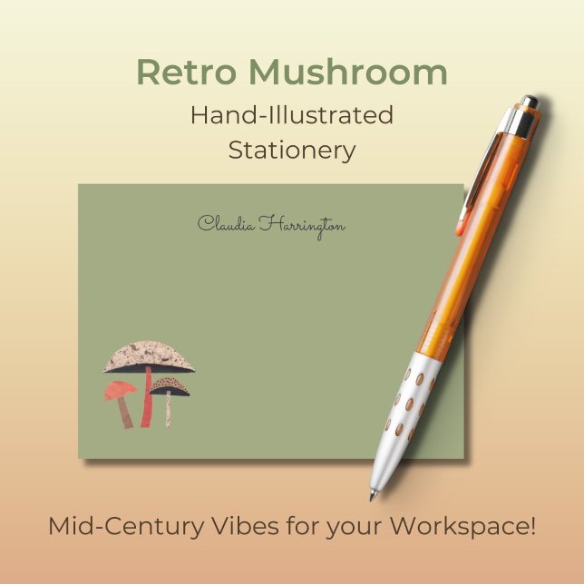 HandIllustriertes Mushroom Sage Green Post-it Klebezettel (These retro midcentury mushroom notecards are truly unique, with my own original art.)